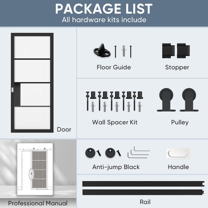 JUBEST 36"x84" Glass Barn Door, 4-Panel Reeded Safety Glass & Matt Black Painted Wood Frame Door Slab with 6FT Hardware Kits & Handles, Wear-Resistant & Scratch-Resistant, Preassembled