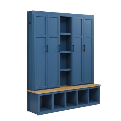 Virubi 4-in-1 62.9" Wide Hall Tree with Bench and Shoe Storage, Farmhouse Wood Entryway Bench with Coat Racks, Doors, 6 Hooks and Storage Shelves for Living Room (Blue)