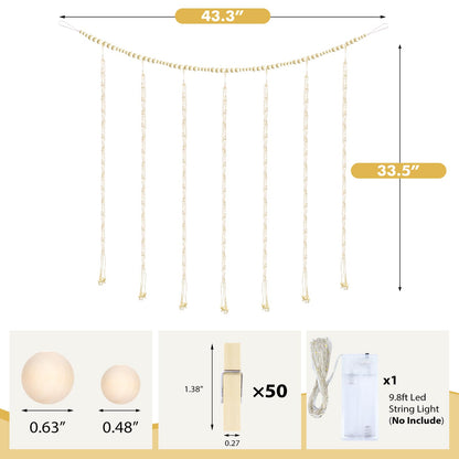 KLOGTSIND Macrame Hanging Photo Display Boho Wall Decor, Picture Christmas Card Holder with String Lights, Photo Hanger with 50 Clips for Room, Dorm, Nursery, Home Decor, Teenage Teen Girl Gifts