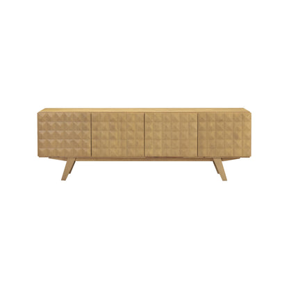 NTC Sapa Mid-Century Modern Solid Wood TV Stand 4-Door Media Console with Carved Geometric Fronts for TVs up to 75", Effortless Assembly, Sand