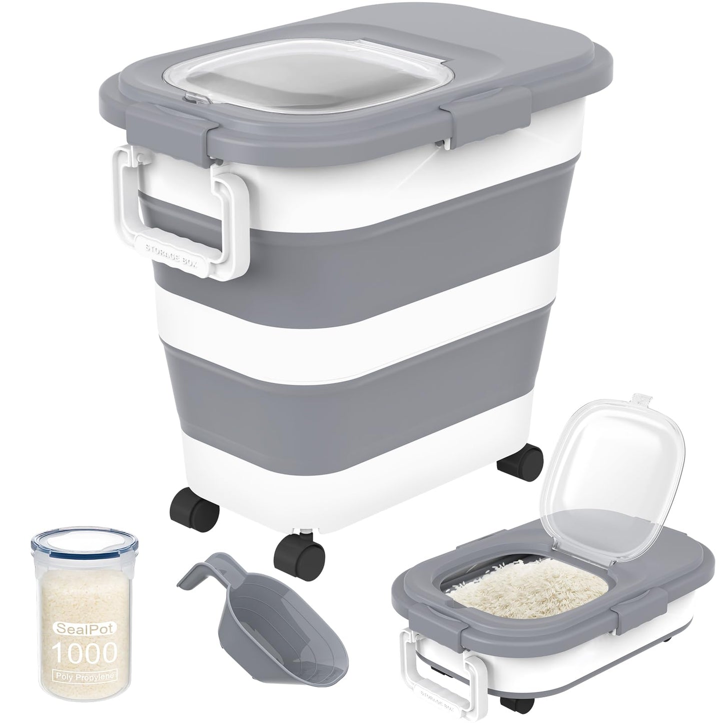 HOYTAMDA 25-35Lbs Rice Container,Collapsible Airtight Food Storage Containers with Wheels,Handle,Rice Storage Container with Small Bin and Scoop,Rice Dispenser for Flour Sugar Cereal Grain Dog Cat