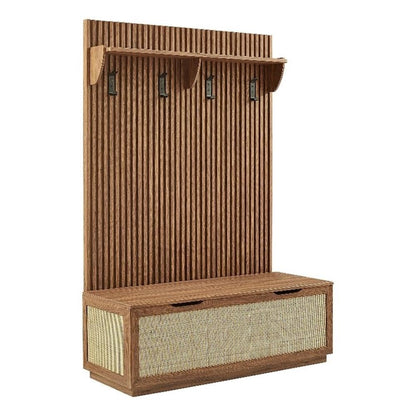Modway Soma 3-in-1 Hall Tree in Walnut with Rattan Storage Bench and Fluted Coat Rack – 2-Piece Entryway Storage Set with Hooks, Shelf, and Bench