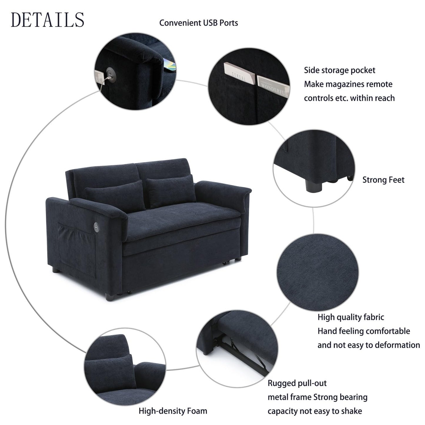 55" Convertible Futon Sofa Bed, Velvet 3 in 1 Sleeper Sofa, Pull Out Couch with USB Ports & 2 Waist Pillows, Adjustable Backrest Loveseat Sofa, Couches for Living Room, Apartment, Bedroom, Black