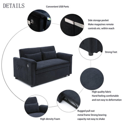55" Convertible Futon Sofa Bed, Velvet 3 in 1 Sleeper Sofa, Pull Out Couch with USB Ports & 2 Waist Pillows, Adjustable Backrest Loveseat Sofa, Couches for Living Room, Apartment, Bedroom, Black