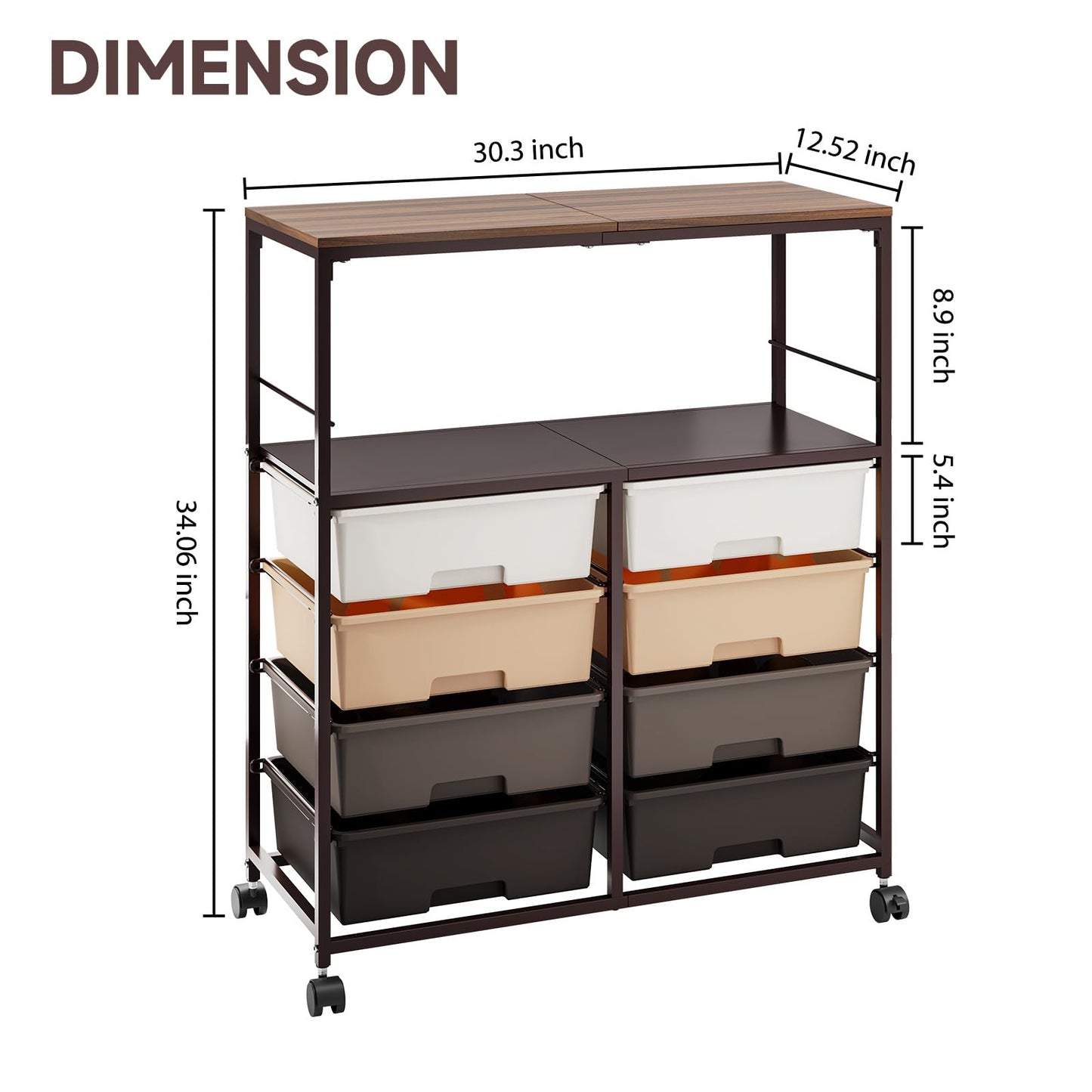SYKIARIOL 8 Drawers Rolling Storage Cart with Wooden Top, Multipurpose Utility Cart with Opening Shelf & Lockable Wheels, Storage Drawer Cart Organizer for Home Office Craft Room Classroom, Brown
