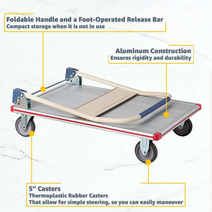 Aluminum Platform Truck 660 lb Capacity - Heavy-Duty Cart with Folding Handle, 5″ TPR Casters & Corner Protectors - 24″ x 36″ Utility Dolly for Warehouse, Shop, Office, Silver