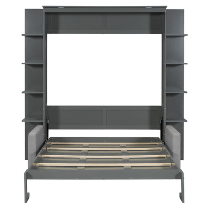 Merax Queen Size Murphy with Sofa and Shelves for Bedroom or Guestroom Wall Bed Space Saving Hidden Bed,No Need Fix to The Wall,Gray