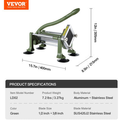 VEVOR French Fry Cutter, Potato Slicer with 1/2-Inch and 3/8-Inch Stainless Steel Blades, Manual Potato Cutter Chopper with Suction Cups, Great for Potato, French Fries, Cucumber, Vegetables, Carrot