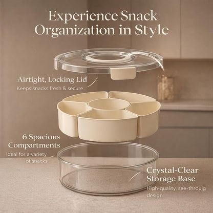 Divided Serving Tray with Lid - Snack Tray - Snack Box - Portable Snackle Box Organizer for Fruit, Salad, Chips & Dip - Lazy Susan Platter with Handle for Parties, Road Trips, Kids & Charcuterie
