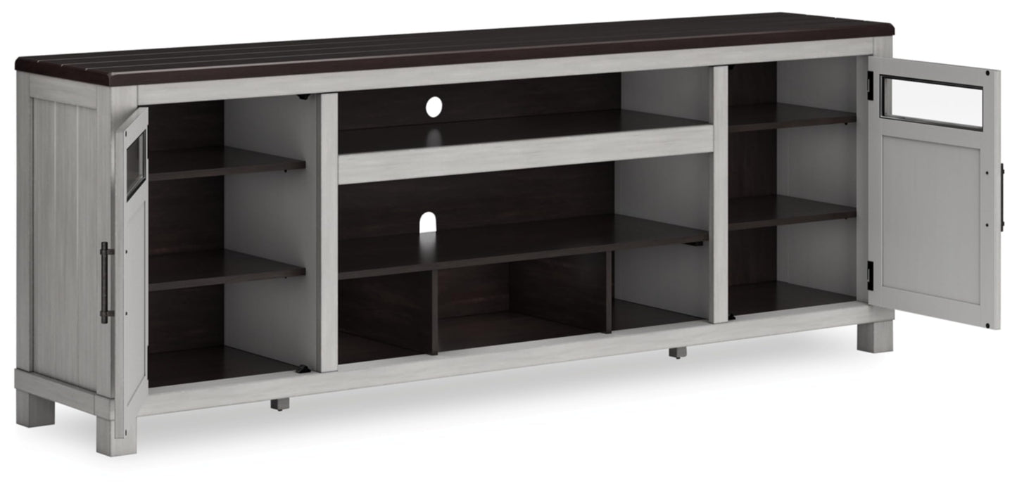 Signature Design by Ashley Darborn Farmhouse 88" TV Stand for TVs up to 101" with Adjustable Shelves, Cabinets, Cord Openings and Fireplace Option, Light Gray & Dark Brown