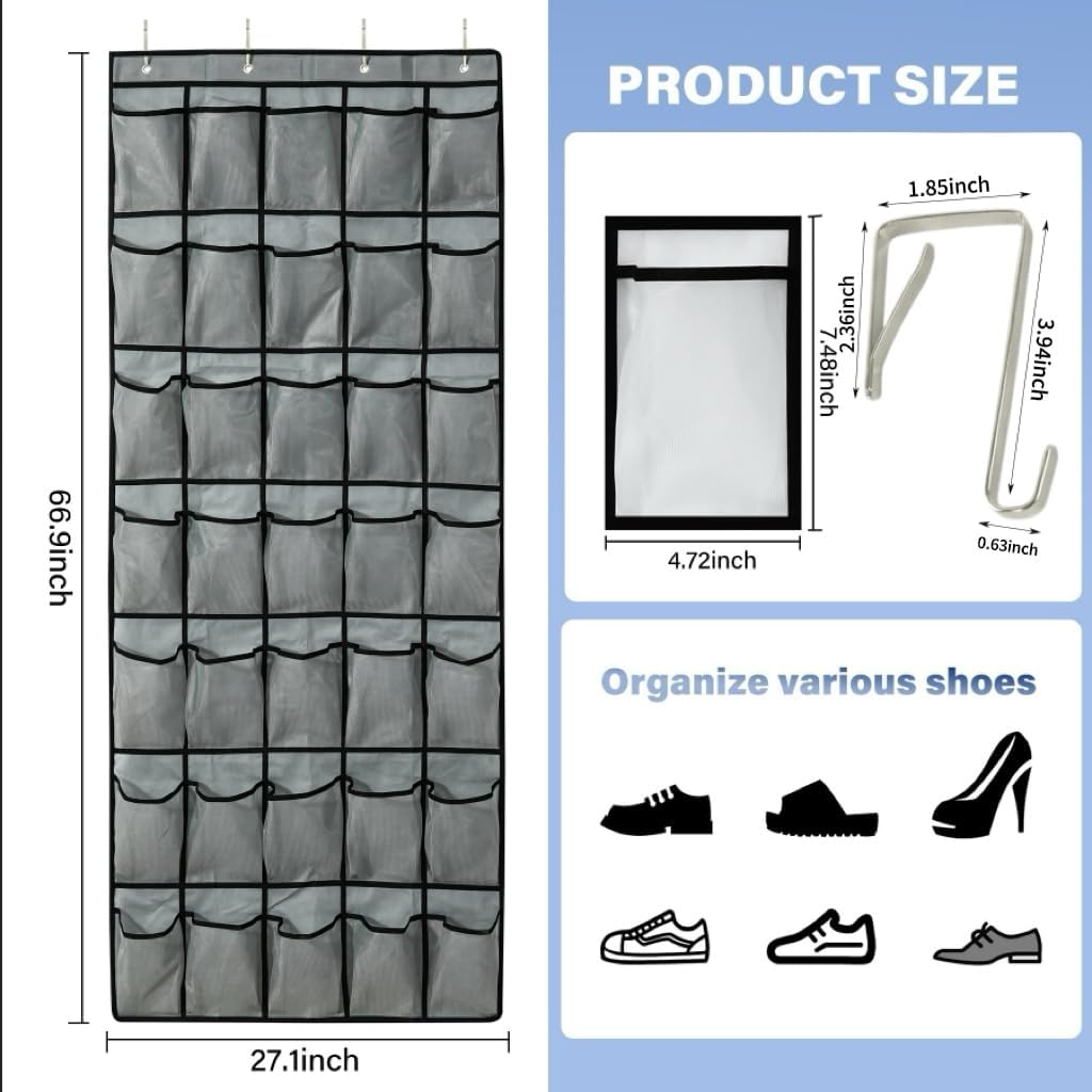 Skiennix Over The Door Shoe Organizer - 35 Large Mesh Pockets With 4 Metal Hooks | Space-Saving Storage Solution