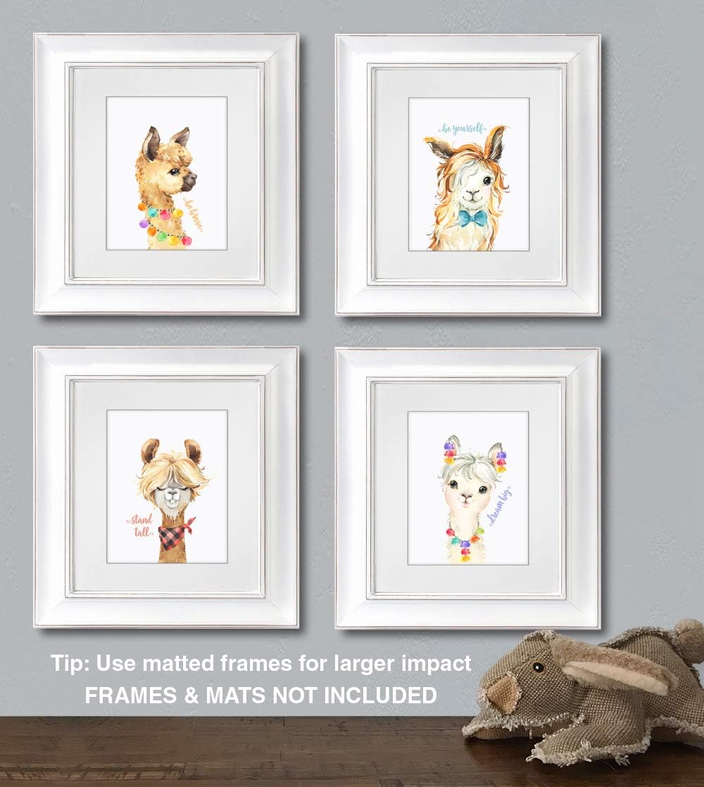 Confetti Fox Llama Nursery Wall Art Decor - 8x10 Unframed Set of 4 Prints, Kids Cute Alpaca Pictures
