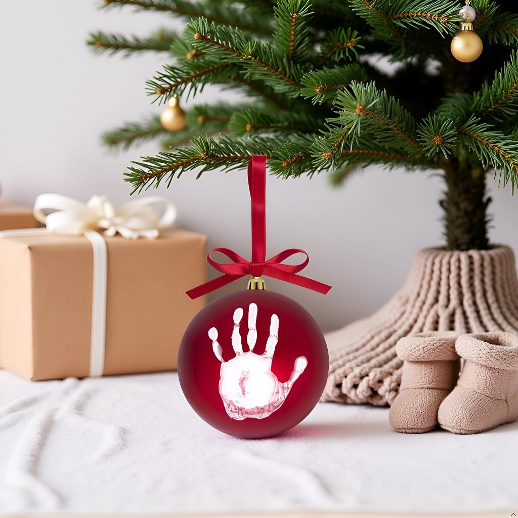 Tiny Ideas Christmas Baby's Handprint Ball Ornament - DIY Classic Christmas Tree Keepsake Gift, Red