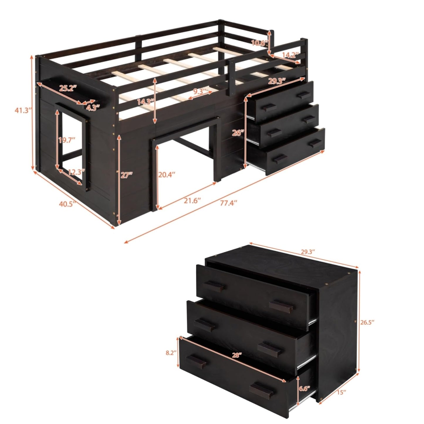 Merax Twin Wooden Loft Bed，Wood Bedframe for Kids Teens， Adults Bedroom with Cabinet, Shelf, Stairs, Espresso
