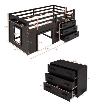 Merax Twin Wooden Loft Bed，Wood Bedframe for Kids Teens， Adults Bedroom with Cabinet, Shelf, Stairs, Espresso