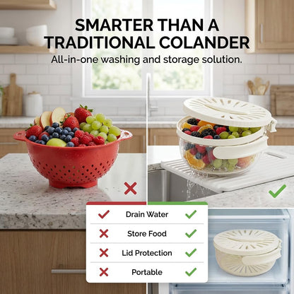 Mesh Fruit Basket Straine, Cleaner Bowl with Lid, 2-in-1 Draining and Preservation Spinner, Multifunctional Vegetable Washer Colander with Foldable Handle for Kitchen Counter