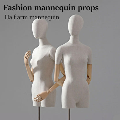 CZCZC Countertop Premium Mannequin with Metal Stand,Linen Female Mannequin,Adjustable Dress Mannequin,Flexible Form Mannequin Torso Wooden Arm Display