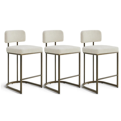 26" H Counter Height Bar Stools Set of 3, Modern Linen Fabric Upholstered Barstools with Backrest for Kitchen Island, Gold Metal Frames, Linen