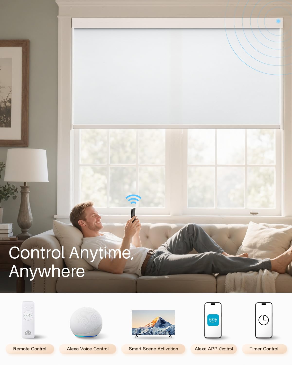 JaeJaes Smart Roller Shades for Windows, Alexa Blackout Motorized Blinds with Remote Control, Easy Install Automatic Electric Blinds for Indoor (31" W x 72" H, White)