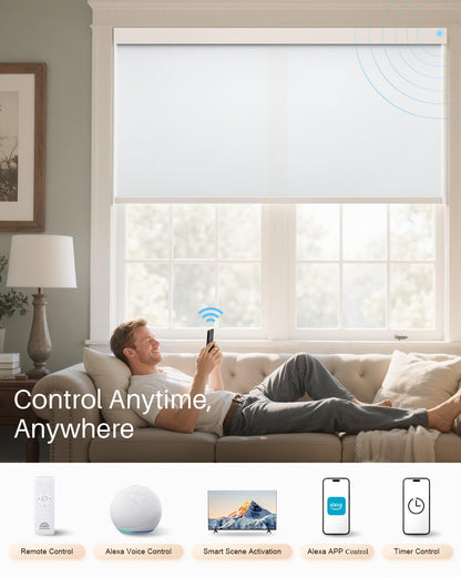 JaeJaes Smart Roller Shades for Windows, Alexa Blackout Motorized Blinds with Remote Control, Easy Install Automatic Electric Blinds for Indoor (31" W x 72" H, White)