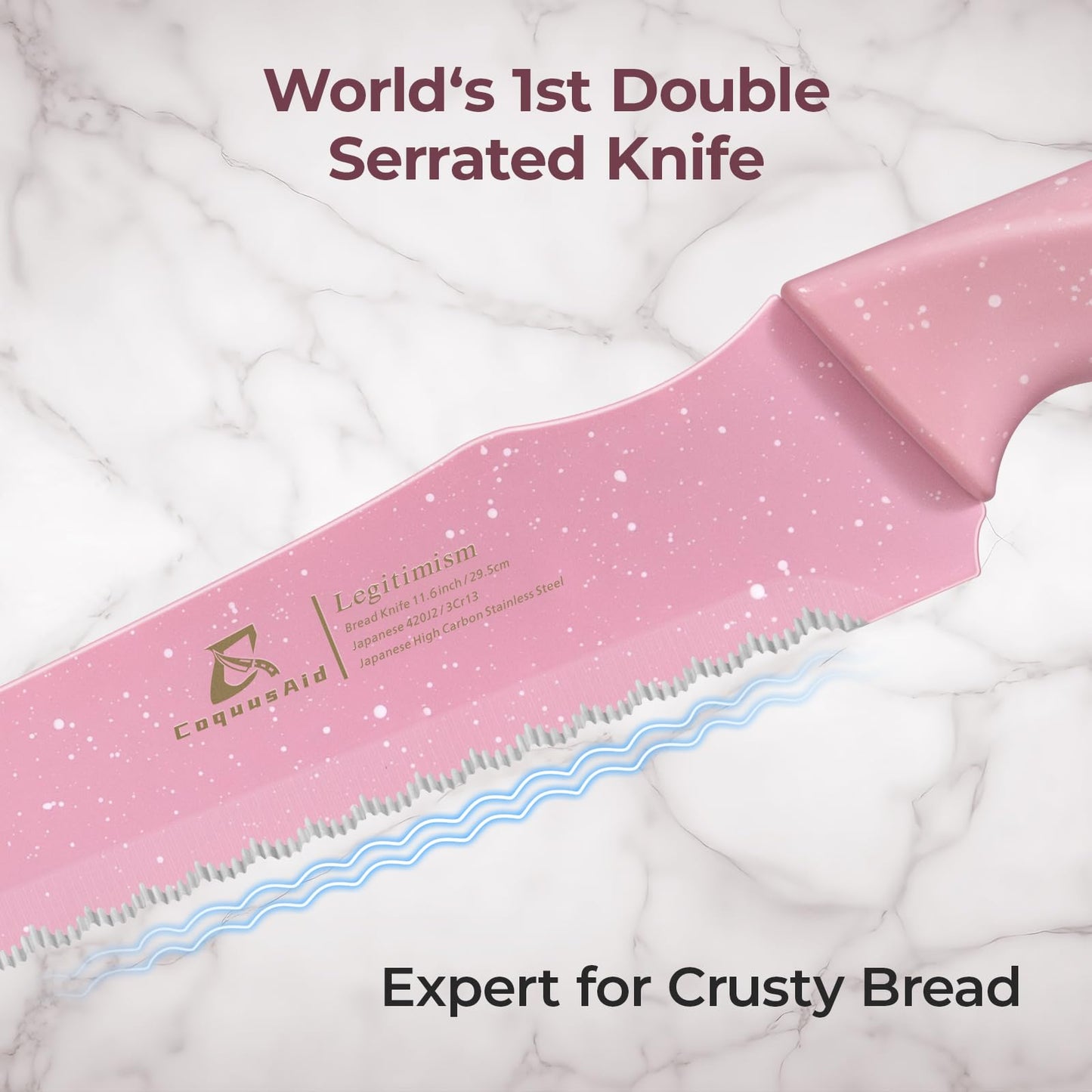 CoquusAid Upgrade Bread Knife for Homemade Bread, World‘s 1st Double Serrated Knife for Crusty Sourdough, 11.6 Inch Stainless Steel Bread Slicer, Professional Sourdough Cutter, Ideal for Gift, Pink
