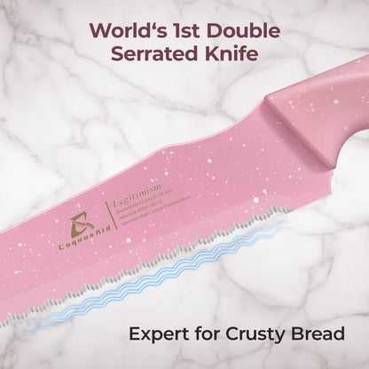 CoquusAid Upgrade Bread Knife for Homemade Bread, World‘s 1st Double Serrated Knife for Crusty Sourdough, 11.6 Inch Stainless Steel Bread Slicer, Professional Sourdough Cutter, Ideal for Gift, Pink