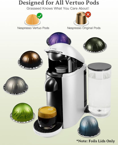 Grasseed Aluminum Foils Lids to Reuse Coffee Pods, Compatible with Nespresso VertuoLine Capsules, 120 Pcs