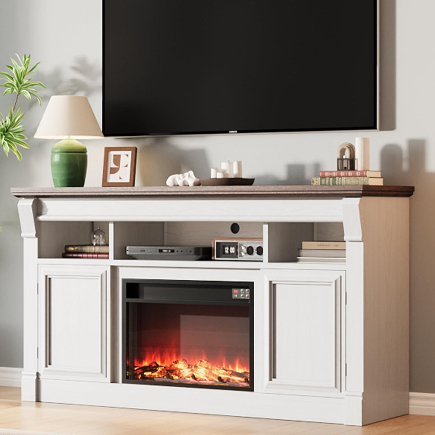 GarveeHome 58" Farmhouse Electric Fireplace TV Stand for TV Up to 65", Entertainment Center Console Table with Open Storage Shelves and Cabinets for Living Room