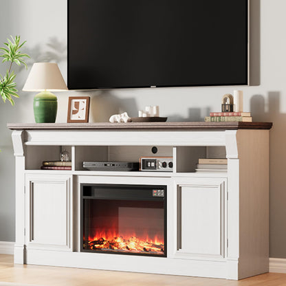 GarveeHome 58" Farmhouse Electric Fireplace TV Stand for TV Up to 65", Entertainment Center Console Table with Open Storage Shelves and Cabinets for Living Room