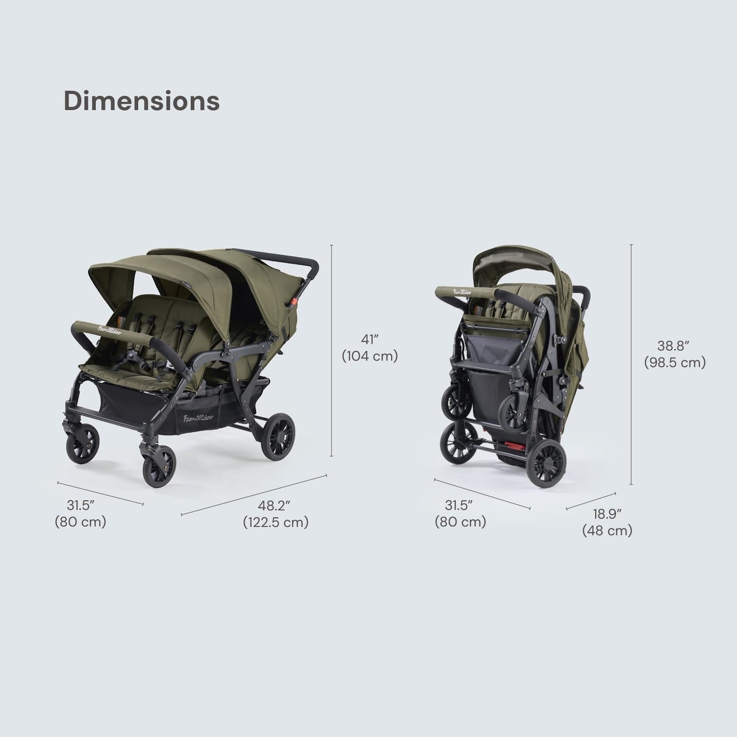 Familidoo H4E Quad Lidoo Lite 4-Seater Stroller Wagon for Kids, Lightweight & Foldable with Reclining Seats, 5-Point Harness, Double Canopy & Rain Cover (Olive)