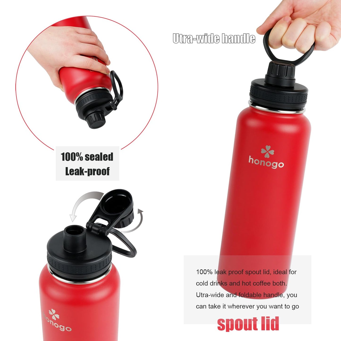 honogo 40 oz Double Wall Insulated Sports Water Bottle for Men, Women & Kids, 18/8 Stainless Steel Wide Mouth Thermal Flask with Straw Lid & Spout Lid, Leak Proof, Keep Hot and Cold (Red, 40 oz)