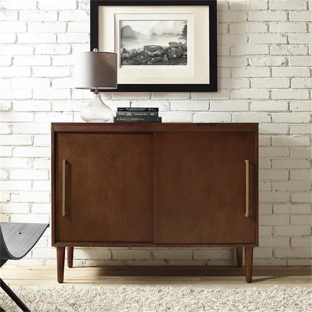 BOWERY HILL Mid-Century Media Console Table, 44 in x 18 in x 34.25 in, MDF/Birch Veneer, Mahogany Finish, Gold Metal Hardware, Hinged Top, Vinyl Record Storage, Sliding Doors, Living Room Turntable