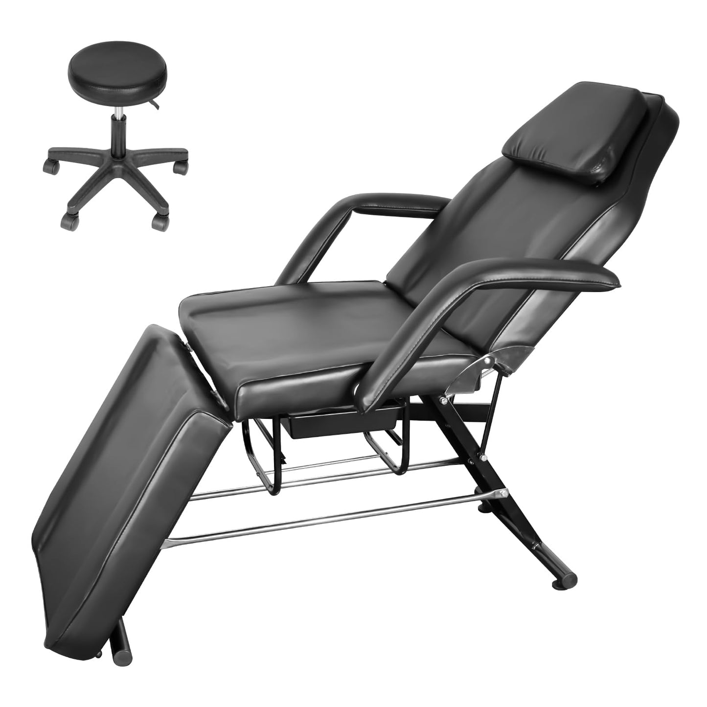 Professional Tattoo Chair for Client, Heavy Duty Facial Bed and Esthetician Massage Table with Hydraulic Rolling Stool & Storage Baskets, Multi-Purpose Lash Bed for Salon Spa Beauty Equipment, Black