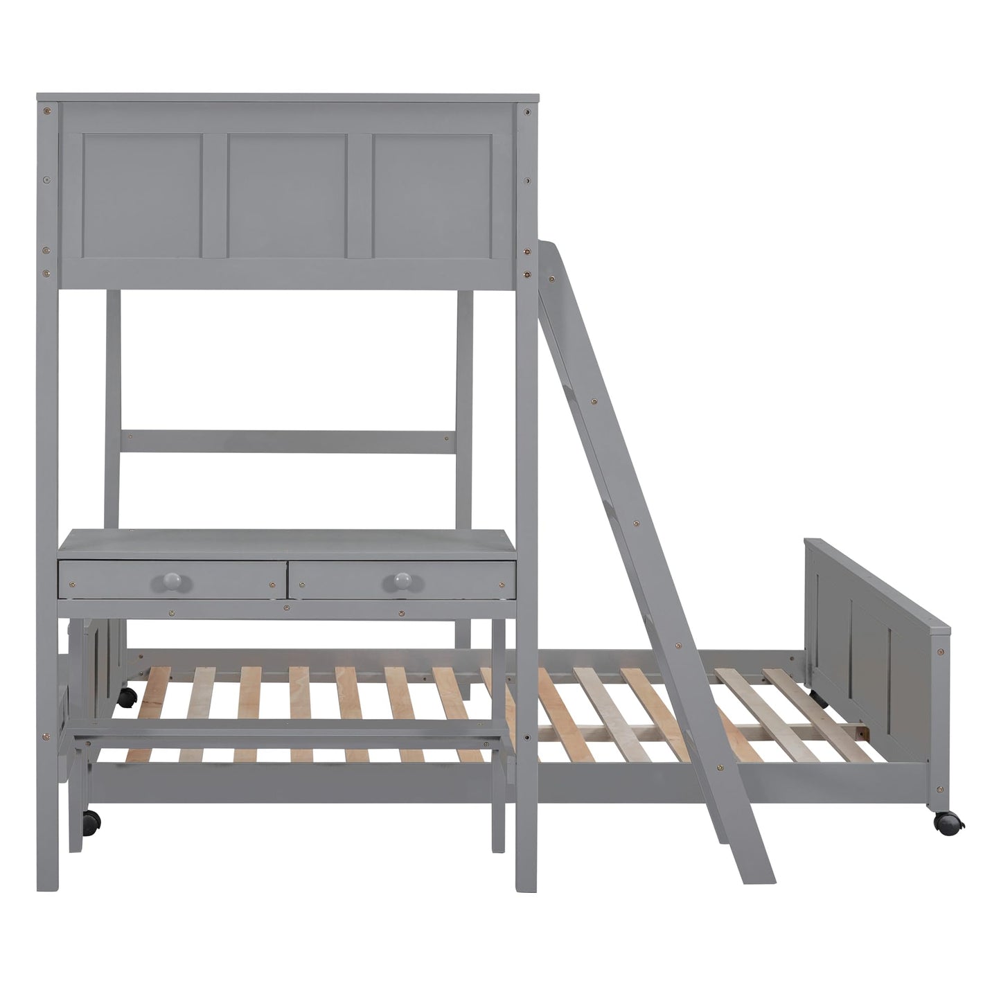 Merax Twin Over Full Bunk Bed with Desk,Wood Loft Bed Frame Saving Space for Boys,Girls,Teens,Grey