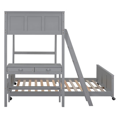 Merax Twin Over Full Bunk Bed with Desk,Wood Loft Bed Frame Saving Space for Boys,Girls,Teens,Grey