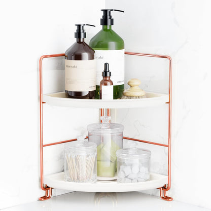 FSyueyun 2-Tier Corner Bathroom Counter Organizer, Tool-Less Installation Vanity Shelf, Small Plastics Makeup Tray