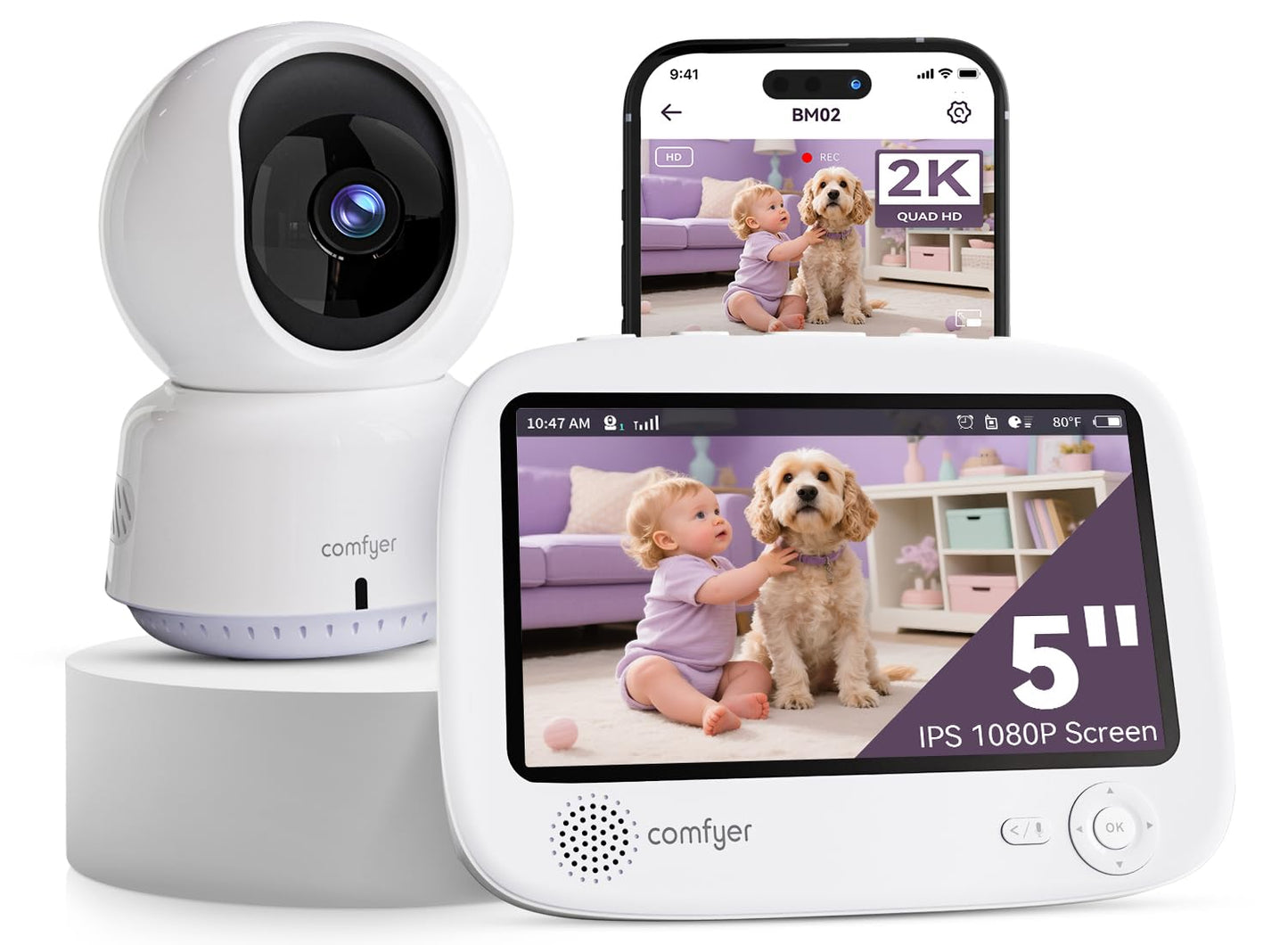 comfyer Smart WiFi Baby Monitor - 5" 1080P Split Screen & 2K Camera App Control, Motion Alerts, Sound Detection, HD Night Vision, 5050mAh Battery, 2-Way Talk, Multi-User, Triple Security, 1600ft Range