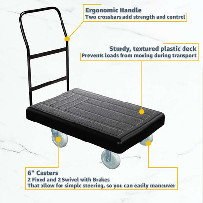 36" x 24" Platform Truck - Heavy-Duty Plastic Cart with Ergonomic Handle, 250 lb. Capacity, 6" Non-Marking Casters with Brakes - Durable Dolly for Warehouse, Office, or School Use