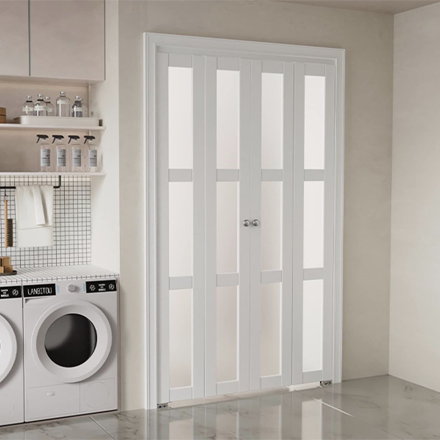 BARNER HOME Bifold Doors for 60"x80" Opening, Tempered Frosted Glass Folding Closet Doors with Concealed Hardware Kit, Preassembled White Bifold Barn Door for Pantry