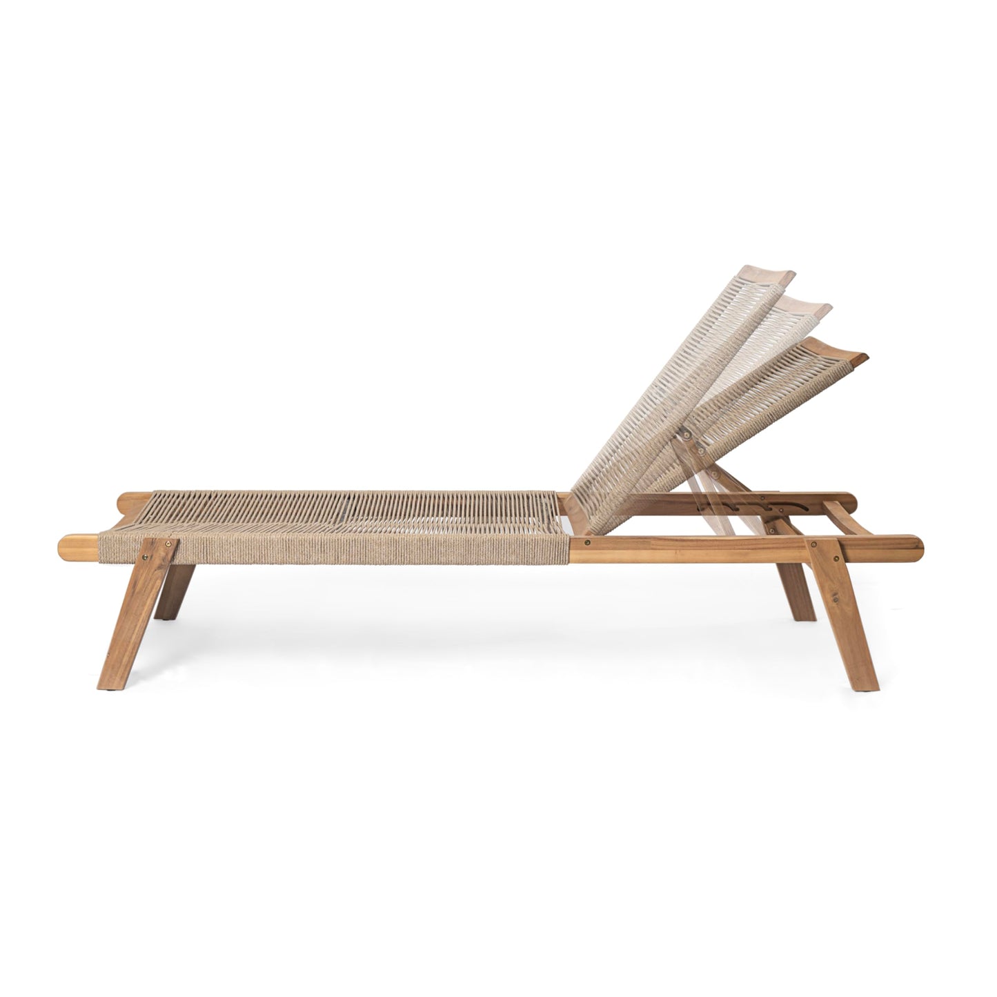 Christopher Knight Home Set of 2 Outdoor Patio Wood Adjustable Chaise Lounges with Rope Seating, Rope Chaise Lounge with Acacia Wood Frame, Chaise Lounge for Poolside, Balcony, Yard, Teak+Beige