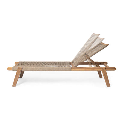 Christopher Knight Home Set of 2 Outdoor Patio Wood Adjustable Chaise Lounges with Rope Seating, Rope Chaise Lounge with Acacia Wood Frame, Chaise Lounge for Poolside, Balcony, Yard, Teak+Beige
