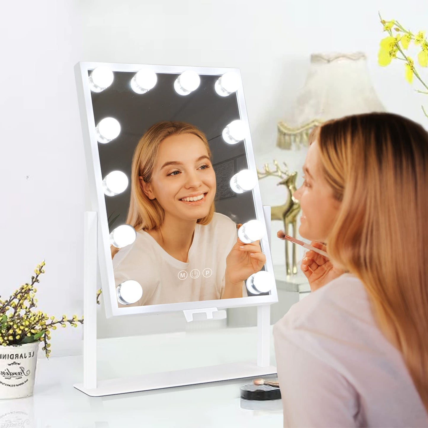 Lighted Makeup Mirror Hollywood Mirror Vanity Mirror with Lights, Touch Control Design 3 Colors Dimable LED Bulbs, Detachable 10X Magnification, 360°Rotation, (White) 12" L x 14" W