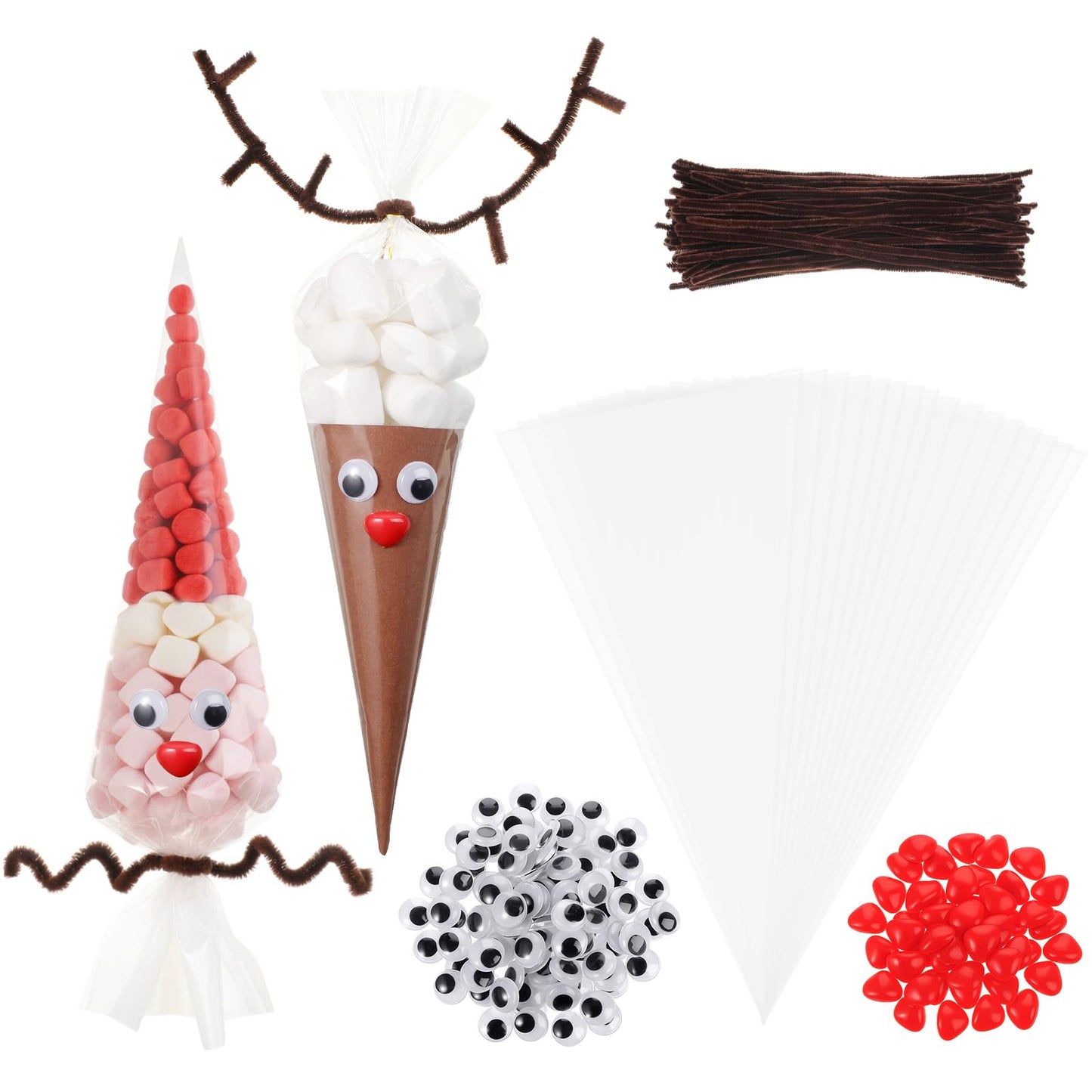 Resholder 300 Pcs Christmas Reindeer Cone Cellophane Bags Kit DIY 7.1x14.6 Inch Clear Cone Shaped Treat Bag with Pipe Cleaner Wiggle Eyes Nose for Popcorn Cotton Candy Goodie Cookie Party Favor
