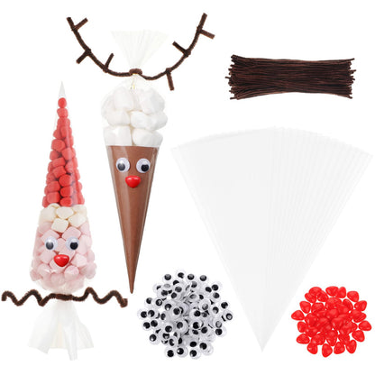 Resholder 300 Pcs Christmas Reindeer Cone Cellophane Bags Kit DIY 7.1x14.6 Inch Clear Cone Shaped Treat Bag with Pipe Cleaner Wiggle Eyes Nose for Popcorn Cotton Candy Goodie Cookie Party Favor