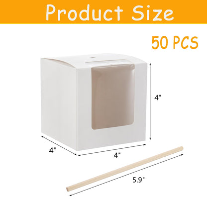 Frcctre 50 Pack White Kraft Candy Apple Boxes with Holes and Sticks, 4" x 4" x 4" Caramel Apple Box Gift Boxes Favor Boxes with Clear Window for Wedding Christmas Baby Shower Party Accessories