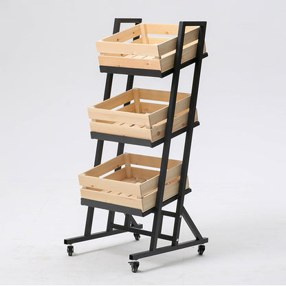 3-Tier Supermarket Snack Shelf Organizer Rack, Detachable Fruit Vegetable Storage Basket with Wheels, Retail Store Display Stand Free Standing for Kitchen Pantry(Wooden)