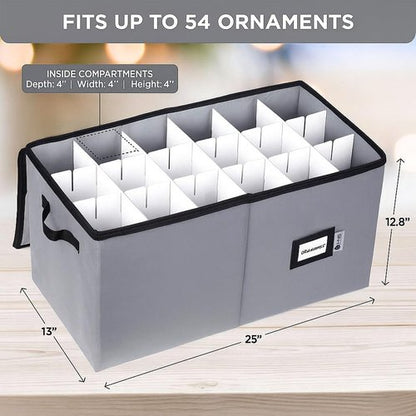 Christmas Ornament Storage Container - Large Zippered Organizer Bin with Dividers for 54 Ornaments | Adjustable Grey Design