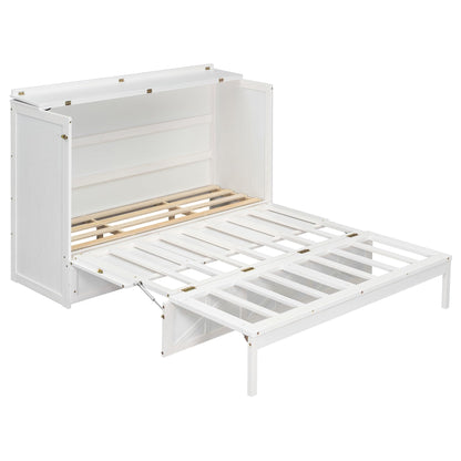 Merax Queen Size Murphy Bed Cabinet with Charging Station and Storage Drawer, Wooden Foldable Platform Bed Frame for Home Office Small Room, White
