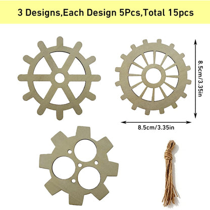 WEOSMIRA 15 PCS Wood Gear Set 3 Styles Wood Gear Cutouts Unfinished Wood Gear Crafts Decorations DIY Paint Craft Supplies Party Decoration Craft Project