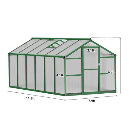 8 x 12 FT Greenhouse, Outdoor Sliding Door, Polycarbonate Greenhouse with Aluminum Frame, Lockable Door and Ajustable Roof Vent for Backyard, Outside Garden Backyard, Patio, Green